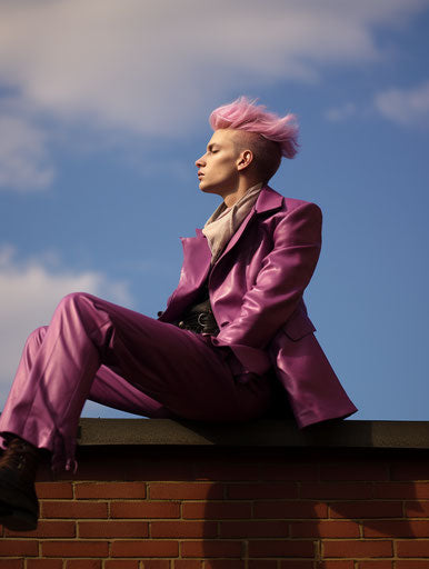 Sitting on a roof, looking at the sky, light amber and magenta style