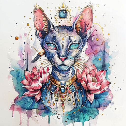 Elegant flat tattoo sketch with watercolor effects of Bastet adorned with lotus flowers