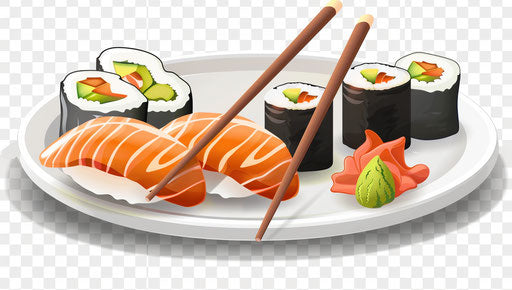 Plate of sushi and rolls with chopsticks