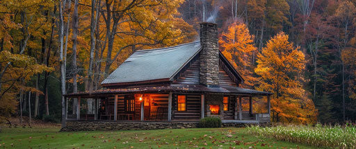 Rustic house with copper roof near blue mountains
