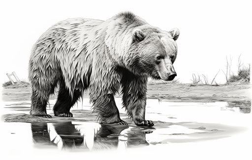 Bear walking across a hyper-realistic black and white image