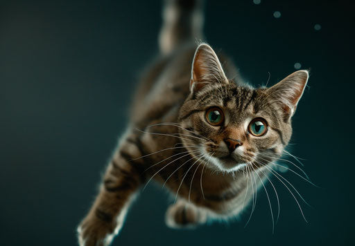 Tabby cat flying forward with raised ears, dark cyan and maroon style