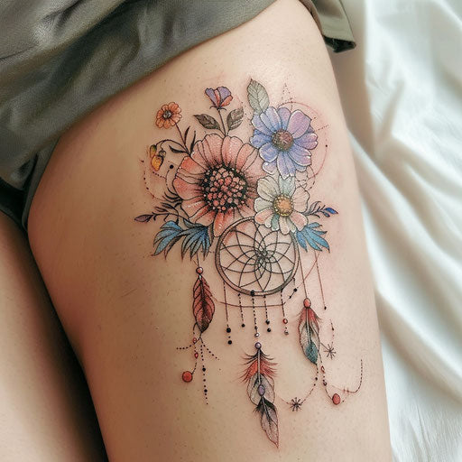 Wildflower tattoo with dreamcatcher, intricate details, soft pastels, bohemian