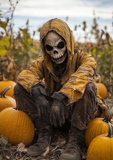 Creepy scarecrow in a pumpkin patch