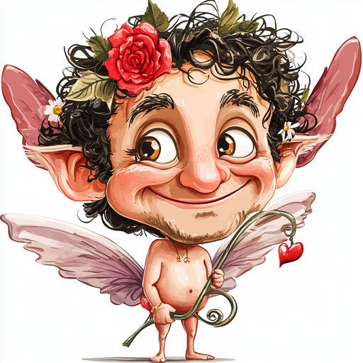 Humorous caricature of a cupid with human characteristics