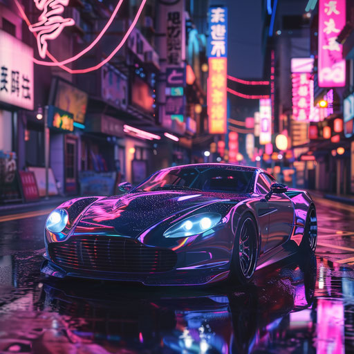 Cyberpunk-Inspired Aston Martin DB7 Zagato with Holographic Paint, Driving Through Neon-Lit Streets