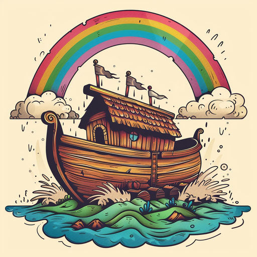 Noah's Ark with rainbow overhead, colorful cartoon sketch