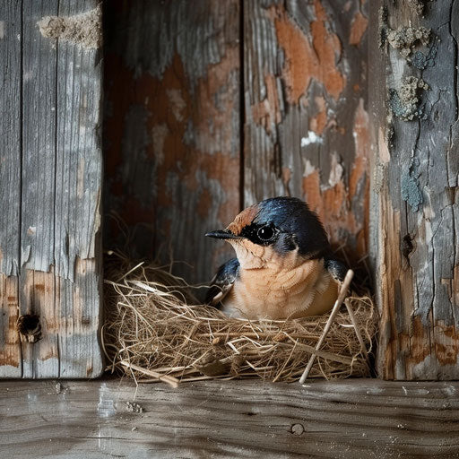 Barn swallow nesting in a cozy barn