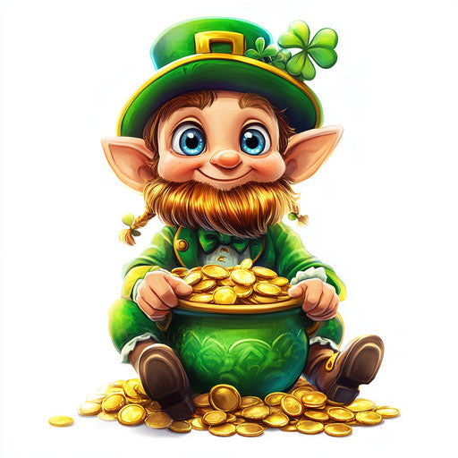 Cute leprechaun on pot of gold, game art, character design