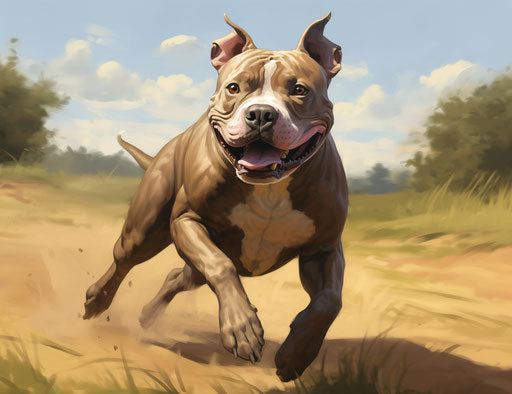 Adult pit bull dog running on a grassy field