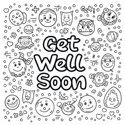 Simple and bold message of good health surrounded by smiley faces. Coloring book page