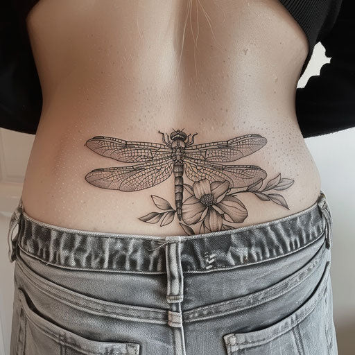 Dragonfly lower back tattoo, in the style of Maria Sibylla Merian