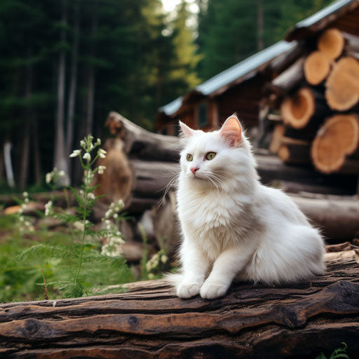 White cat sitting in front of a log cabin