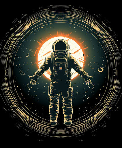Spaceman with strong graphic style, esoteric symbolism, salvagepunk