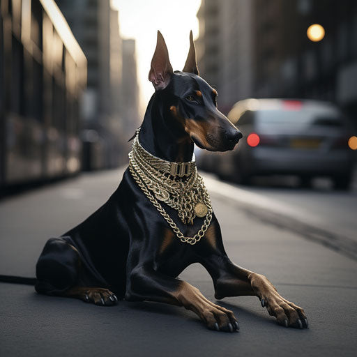 A white doberman sitting on the street with a choke collar
