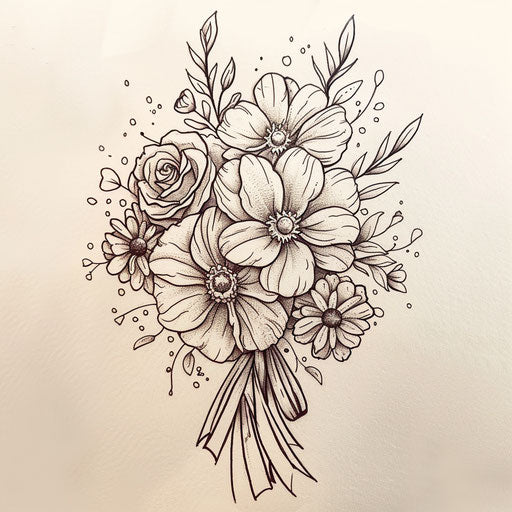 Flat tattoo sketch of a birth flower bouquet with anemones and zinnias in a hand-tied bunch