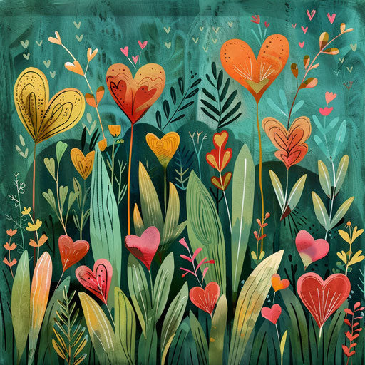 Romantic garden with heart-shaped plants and flowers