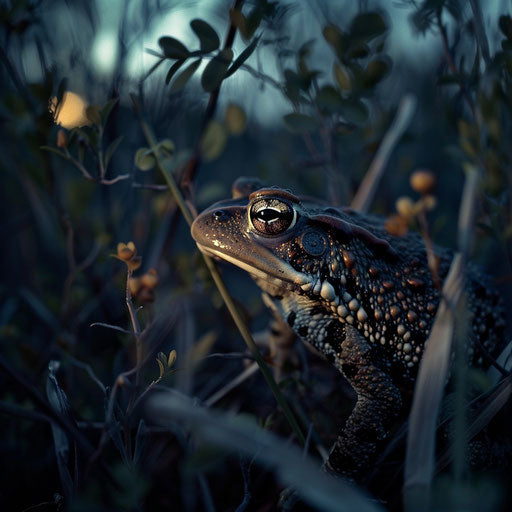 Bright eyes of an onca de toad stand out in dimly lit underbrush at twilight.