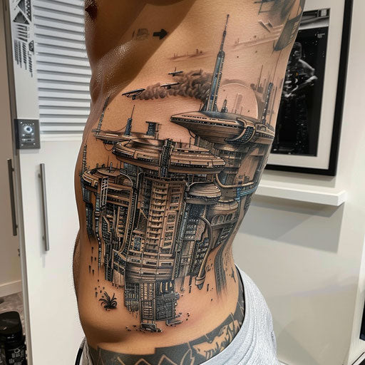 Realism tattoos of a futuristic cityscape