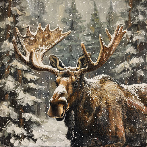 A moose in the midst of a gentle snowfall, surrounded by snow-laden trees