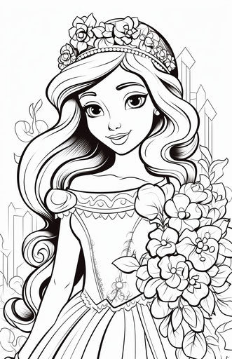 The princesses flower coloring page, in caricature-like style, unbelievably beautiful