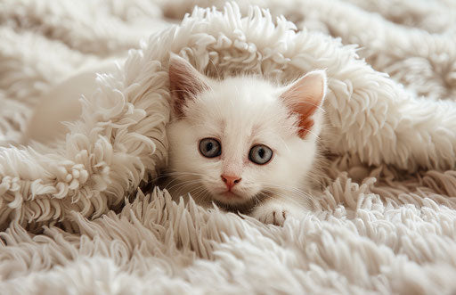 White kitten on white wool blanket, light pink and dark brown style