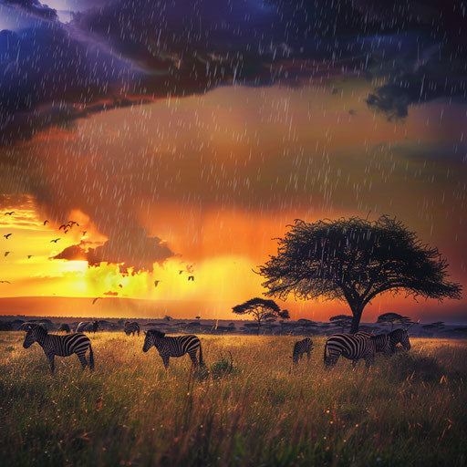 Savannah animals in the first rain after drought