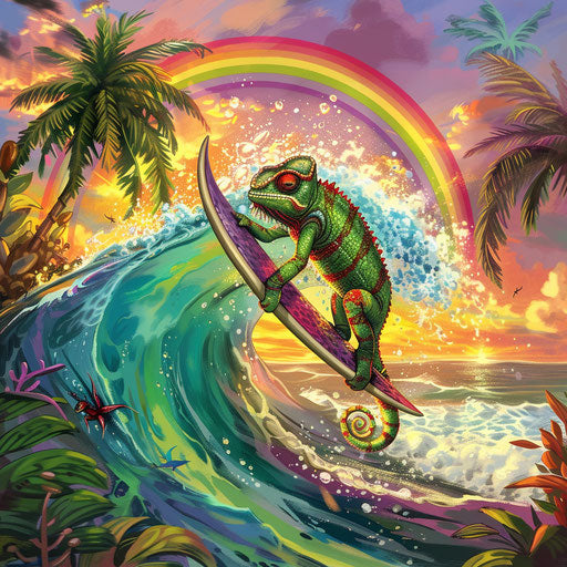 Chameleon surfing a rainbow wave in a tropical paradise