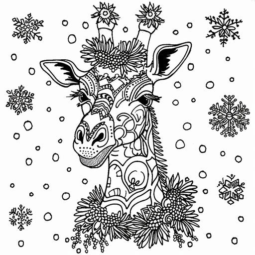 Festive giraffe with decorations, Jan Brett Coloring book style