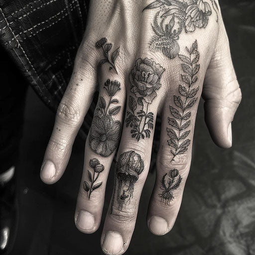 Men's finger tattoos in the style of Maria Sibylla Merian with detailed botanical illustrations