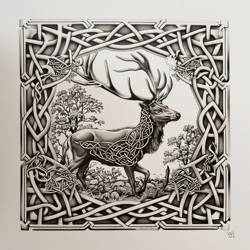 Hunting scene framed by Celtic knotwork design