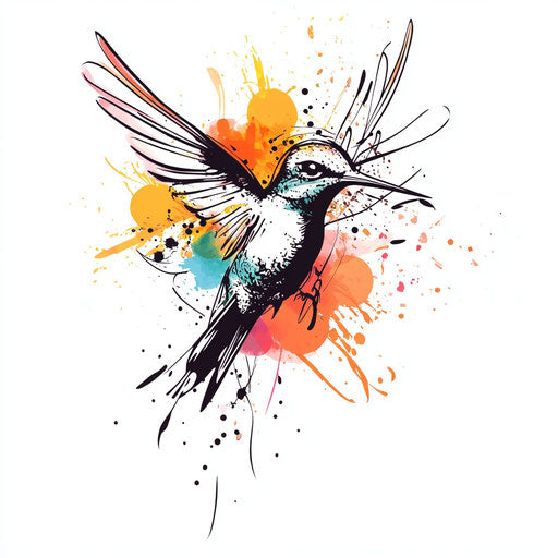 Beautiful flat tattoo sketch of a hummingbird with abstract watercolor splashes on pure white background