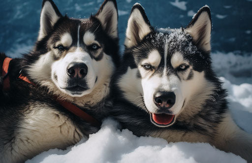 Two husky dogs lounging in the snow, dark maroon and light blue style