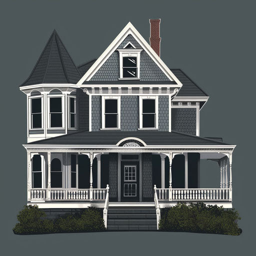 House clipart images rendered in a realistic style on a flat, dark charcoal background, accentuating dramatic contrast and intricate detail