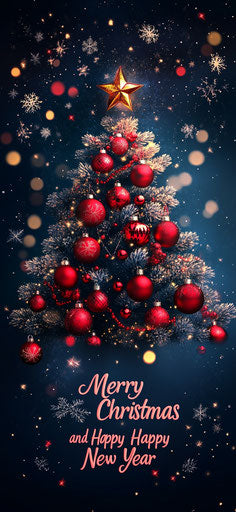 Starry night, Christmas tree with red ornaments and snowflakes