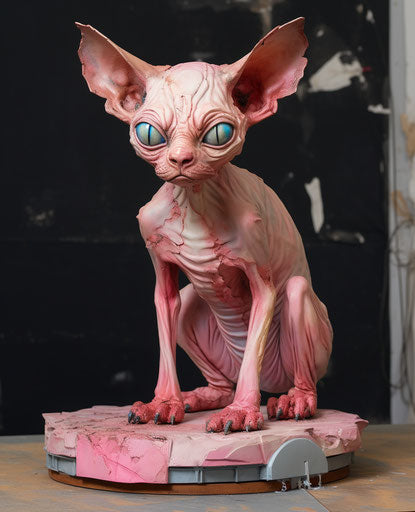 Sphyl cat sitting on a wooden table, sci-fi realism style