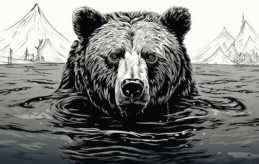 Grizzly bear, vector, high-contrast shading, hyper-realistic water