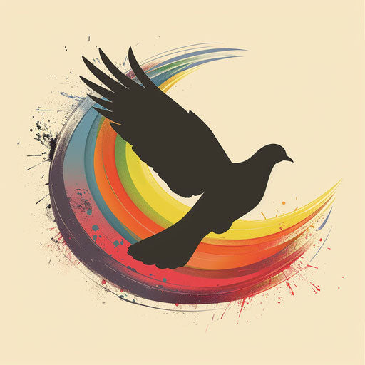 Silhouette of dove in flight with rainbow trail, flat tattoo sketch for pride
