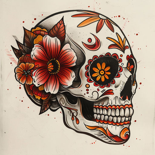 Bold tattoo sketch of a Calavera with dramatic, high contrast colors and shading