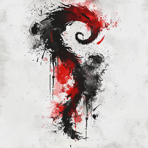 Dark mark with red and black watercolor splashes