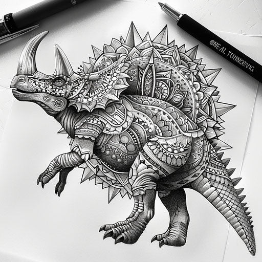 Intricate mandala patterned dinosaur tattoo concept, with a harmonious design on a white surface