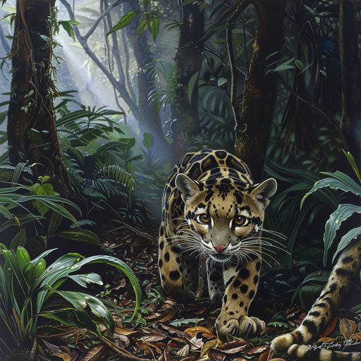 Bornean clouded leopard silently navigating through dense undergrowth at dusk