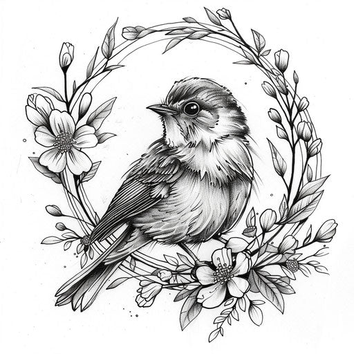 Elegant flat tattoo sketch of a robin surrounded by intricate floral wreaths