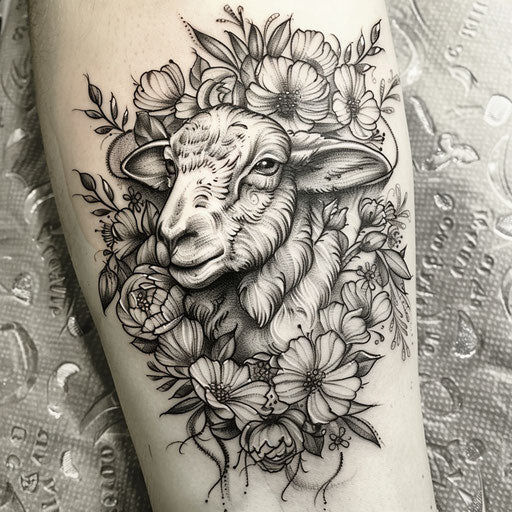 Neo-traditional flat tattoo sketch of a sheep adorned with lush floral garlands