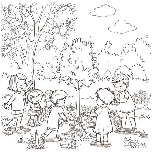 Children planting a tree in a spring garden