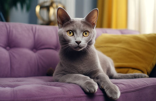 Grey cat standing on the couch, light purple and dark gold style, distinct facial features 17:11