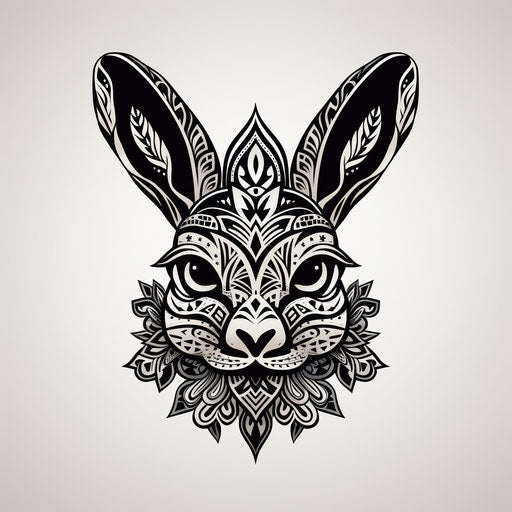 black and white drawing of a black rabbit on white background, captivating symmetrical style
