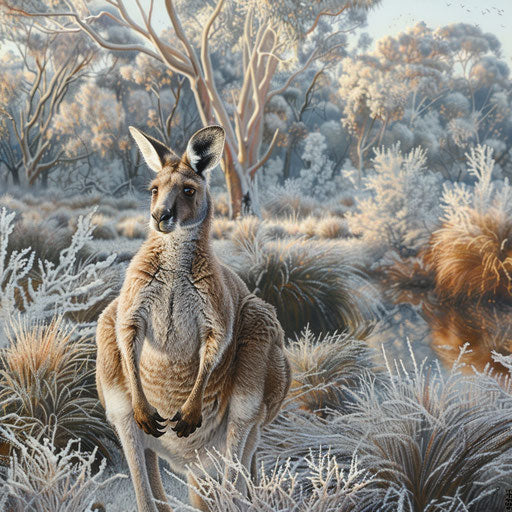 Red kangaroo in a cold and icy landscape