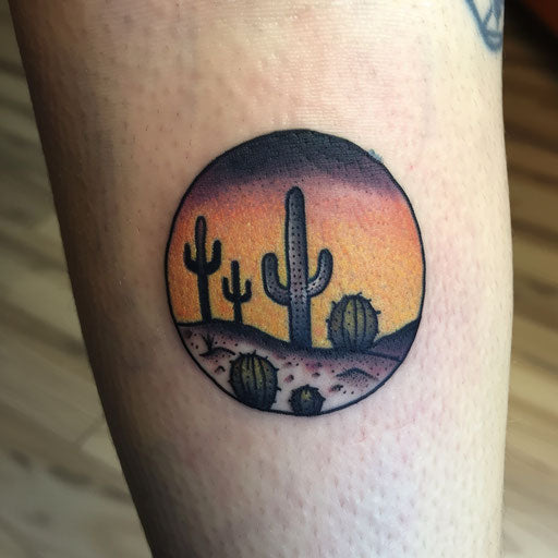 Sunset tattoo of desert scene with cacti silhouettes on white background