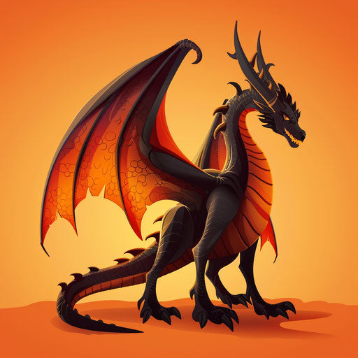 Realistic dragon clipart on sunset orange background